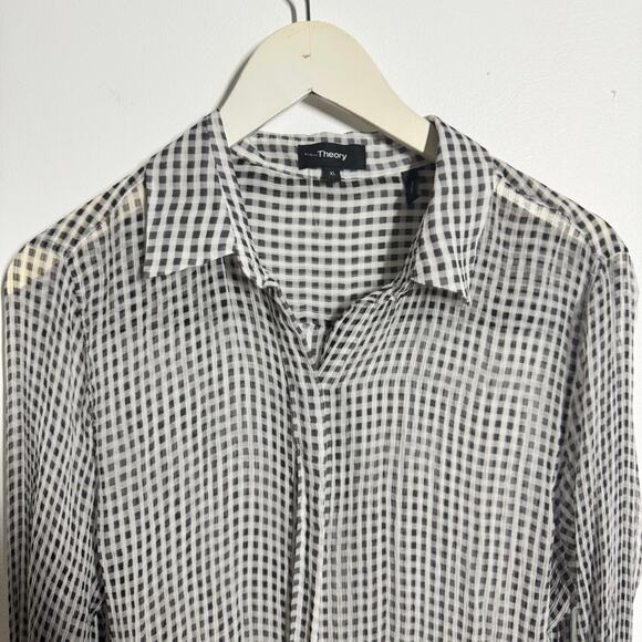 Theory Silk Gingham Button Down Blouse Women XL Black White Sheer Popover Career - Picture 4 of 8
